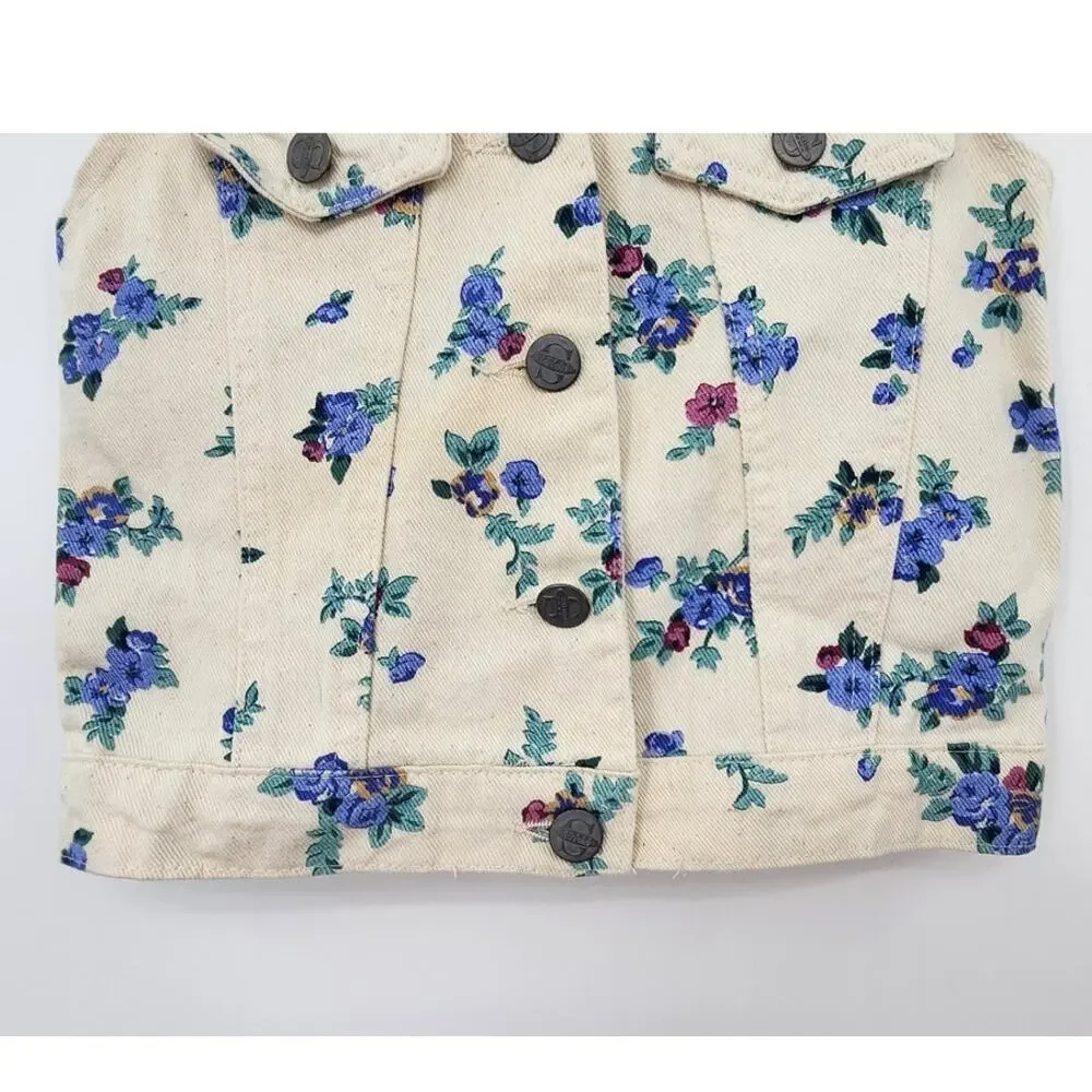 Vintage‎ Girls White Denim Floral Sleeveless Vest Size 4 Made In U.S.A.